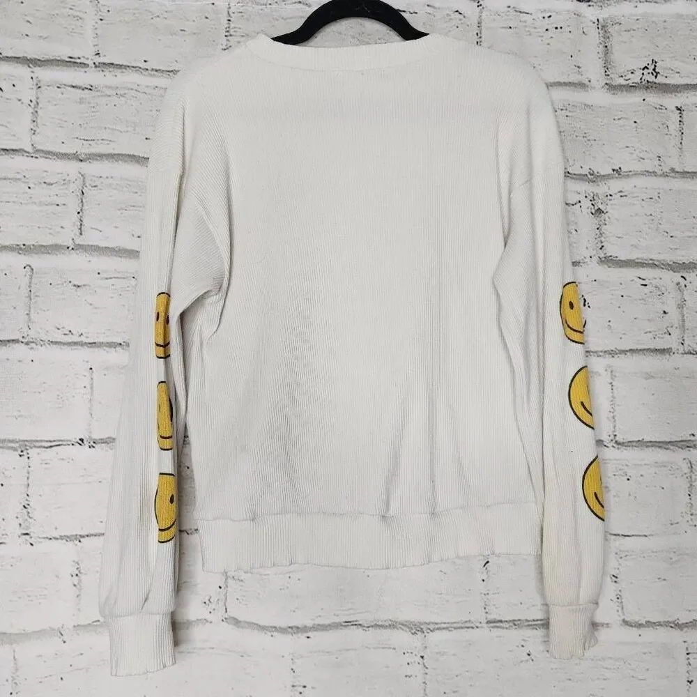 Ces Femme Womens White Ribbed Smiley Face Long Sleeve Pullover Sweatshirt Medium